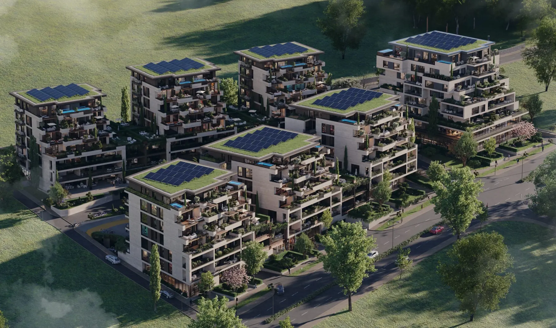 Haré Residence, Prishtina e Re — aerial rendering of the seven-building residential neighbourhood